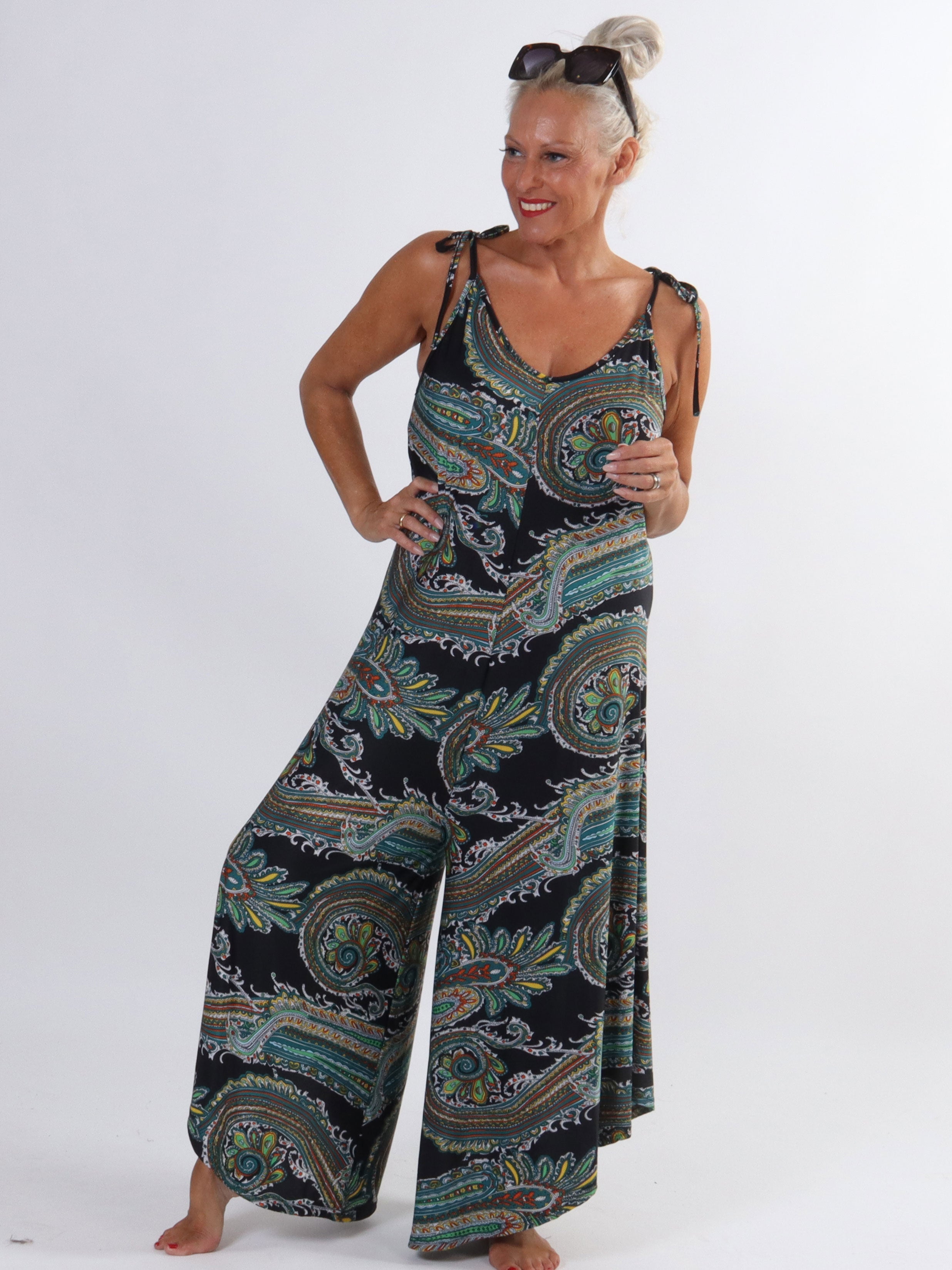 Verona - Elastisk mønstret buksedragt med tynde stropper